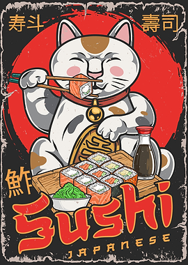 Cat Maneki Neko Eat Sushi