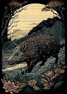 Wild boar Ukiyo e Japan
