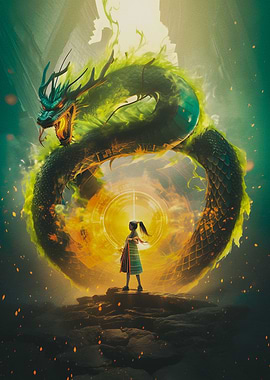 Green dragon and girl
