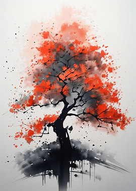 Crimson Watercolor Tree