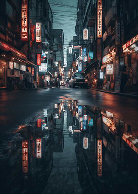 Tokyo Puddle Reflection
