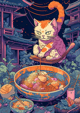 Cute cat eating noodless