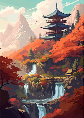 Sacred Temple and Waterfal