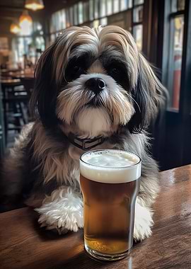 Cute dog drinking beer
