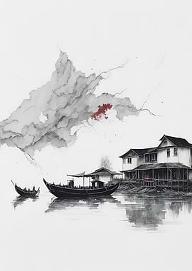 ink painting asia river