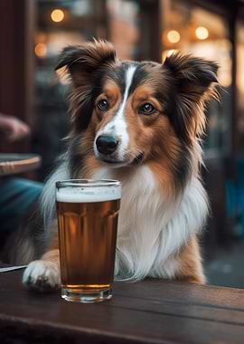 Dog drinking beer in a bar