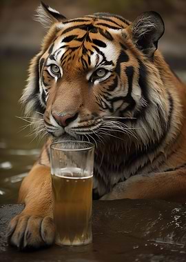 Tiger drinking beer