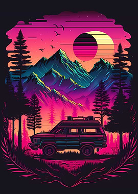 Retro wave Car 80s neon