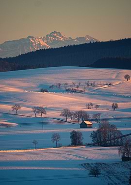 Sunset on the snowy alps