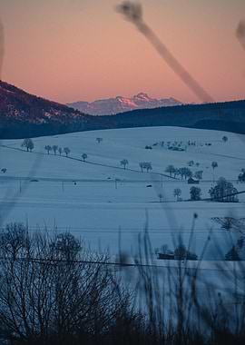 Sunset on the snowy alps