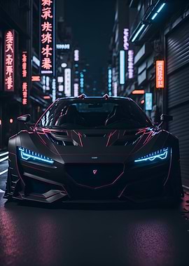 Dark Neon City Sports Car
