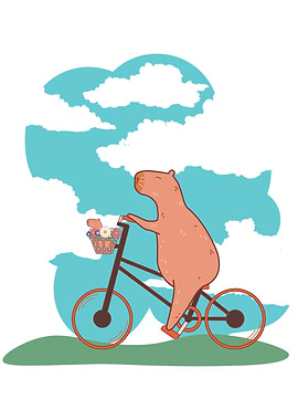 Capybara with baby on bike