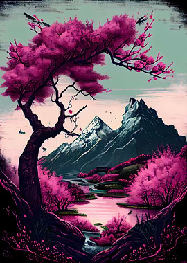 Japan Cherry and Mountains