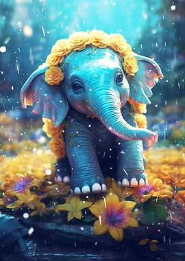 Baby elephant with flowers