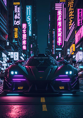 Dark Neon City Sports Car