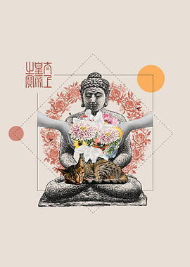 Cat sleeping on buddha