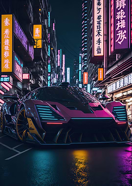 Dark Neon City Sports Car