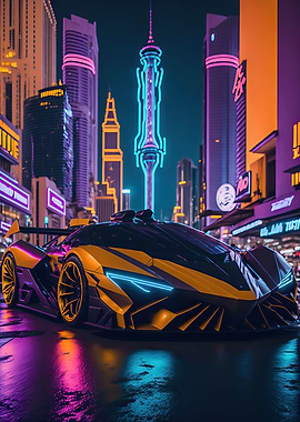 Dark Neon City Sports Car