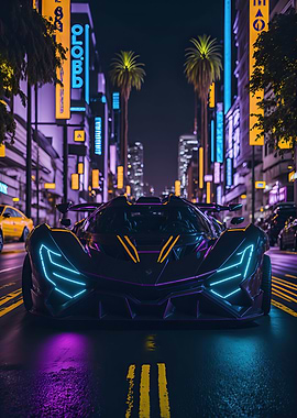 Dark Neon City Sports Car