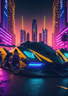 Dark Neon City Sports Car