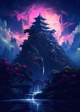Neon Waterfall Mountain