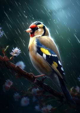 Bird Goldfinch in rain
