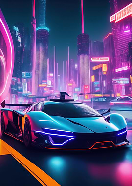 Asian Neon City Sports Car
