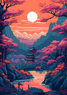 japanese sunset lake