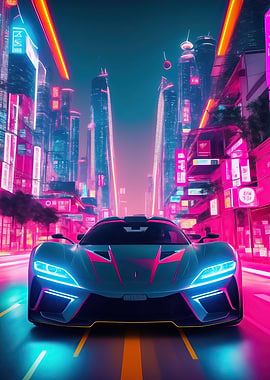 Asian Neon City Sports Car