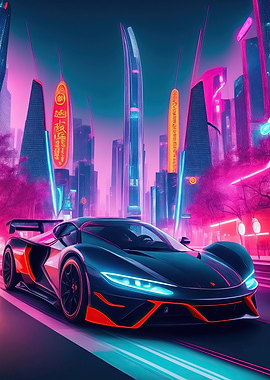 Asian Neon City Sports Car