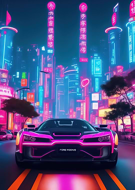 Asian Neon City Sports Car