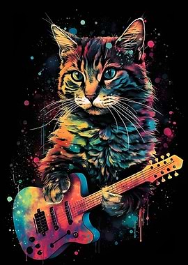 Colorful Cat playing guita