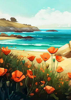 Poppies and ocean