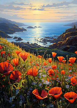 Poppies and ocean