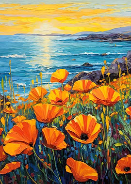 Poppies and ocean