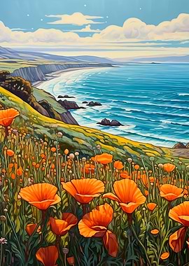 Poppies and ocean