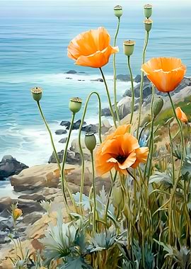 Poppies and ocean