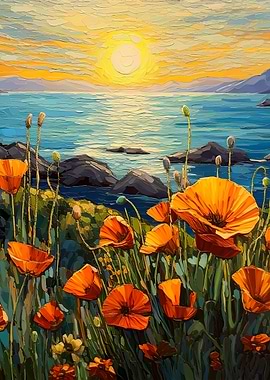 Poppies and ocean
