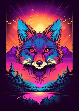 Head Of Fox Sunset Retro