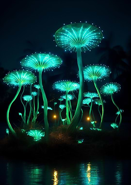 Glowing neon mushrooms
