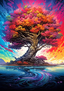 Colorful Big Tree at Lake