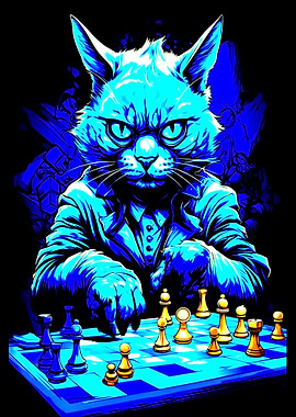 Blue Cat Playing Chess
