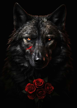 black wolf dark red rose