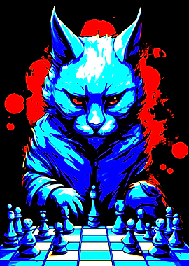 Blue Cat Playing Chess