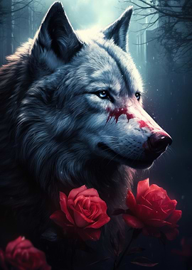 grey wolf and roses