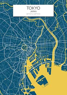 Tokyo Map Blue Yellow