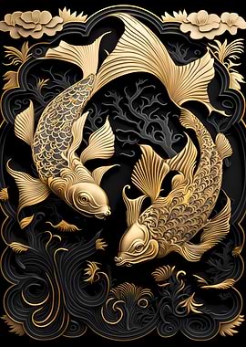 Golden Koi Fish Art Deco