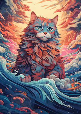 Cat In The Sea Wave