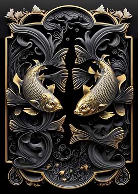 Golden Koi Fish Art Deco