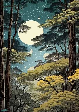 ukiyo e dense forest night